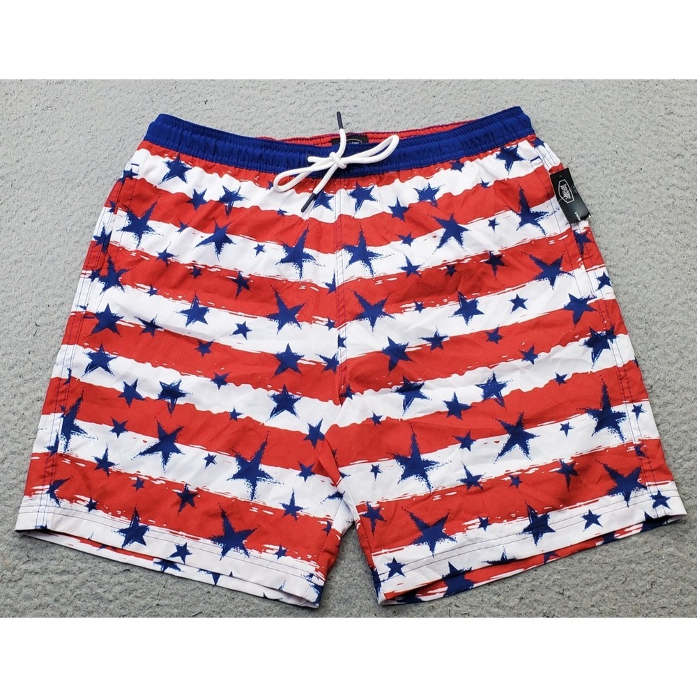 Berkley Jensen Swim Trunk Shorts Mens M Multi Patriotic Print Drawstring Waist